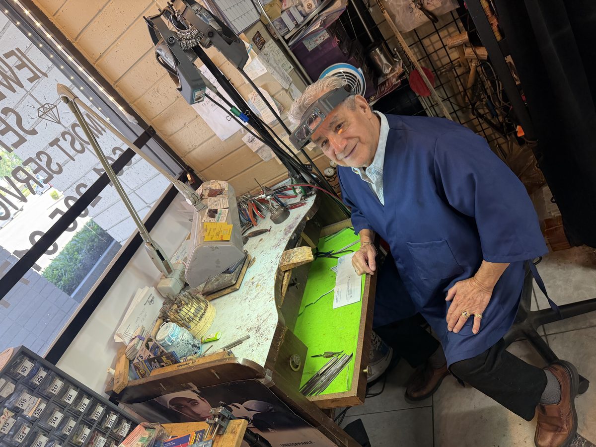 Raul, master jeweler at Lucky’s, working at his bench in Bakersfield